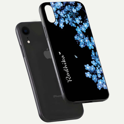 Blue Petal Dream Custom Name Glass Case for iPhone Xr floating mockup capturing floral tones and glass shine