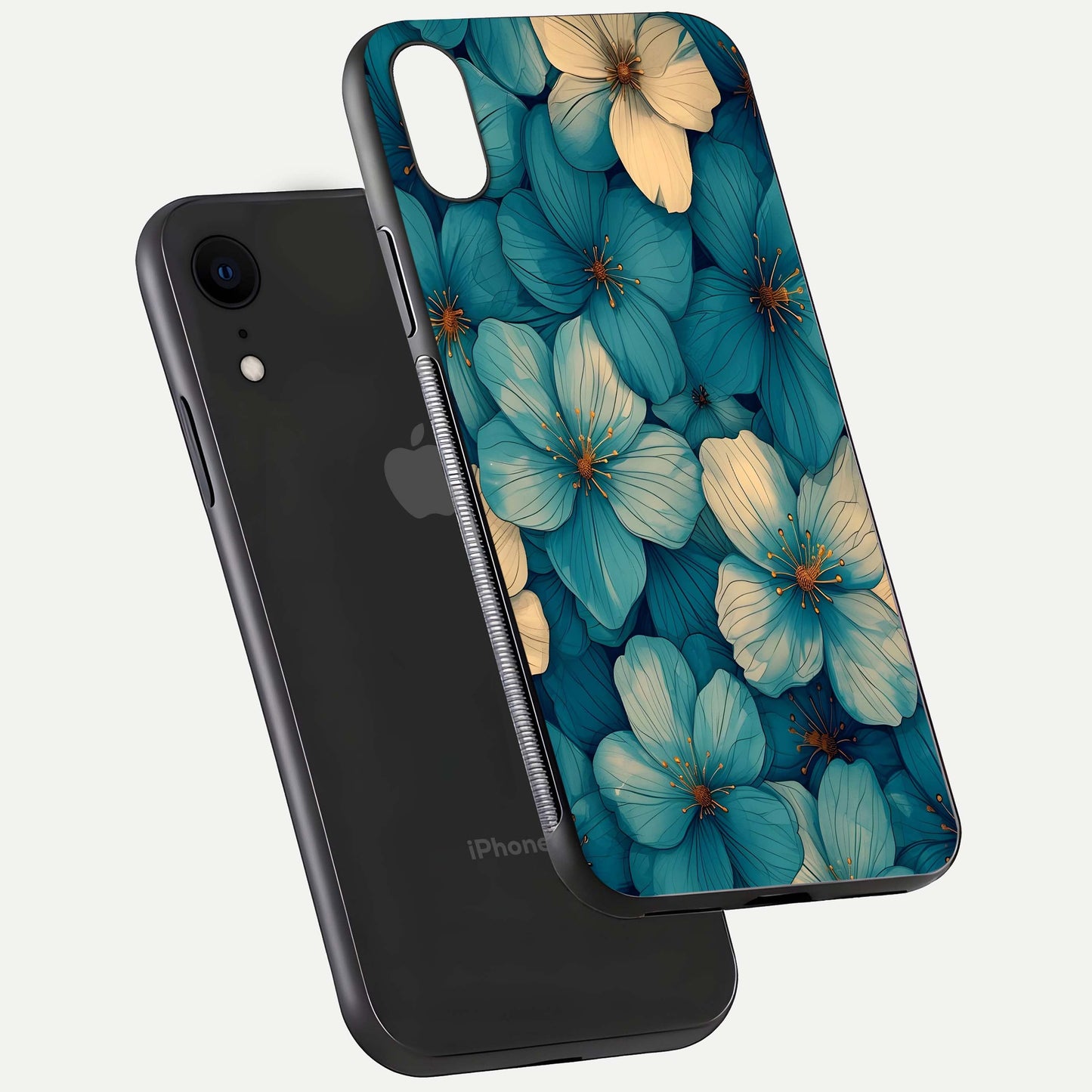 Blue Shade Floral Glass Case for iPhone Xr floating mockup revealing gloss highlight and floral depth