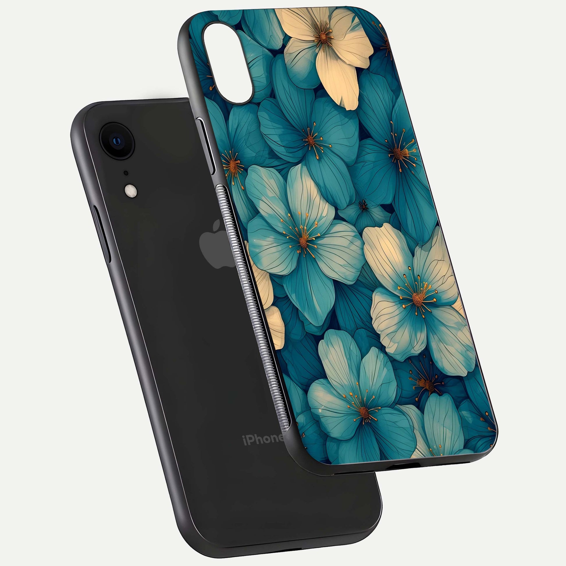 Blue Shade Floral Glass Case for iPhone Xr floating mockup revealing gloss highlight and floral depth