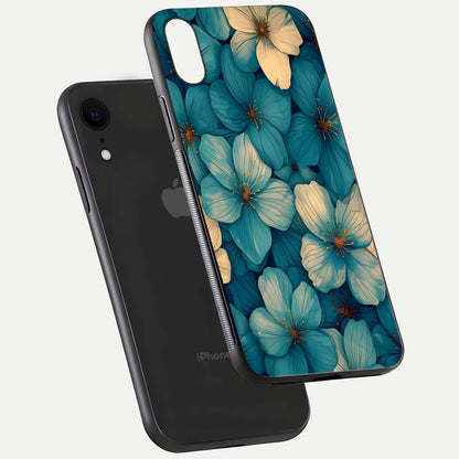 Blue Shade Floral Glass Case for iPhone Xr floating mockup revealing gloss highlight and floral depth
