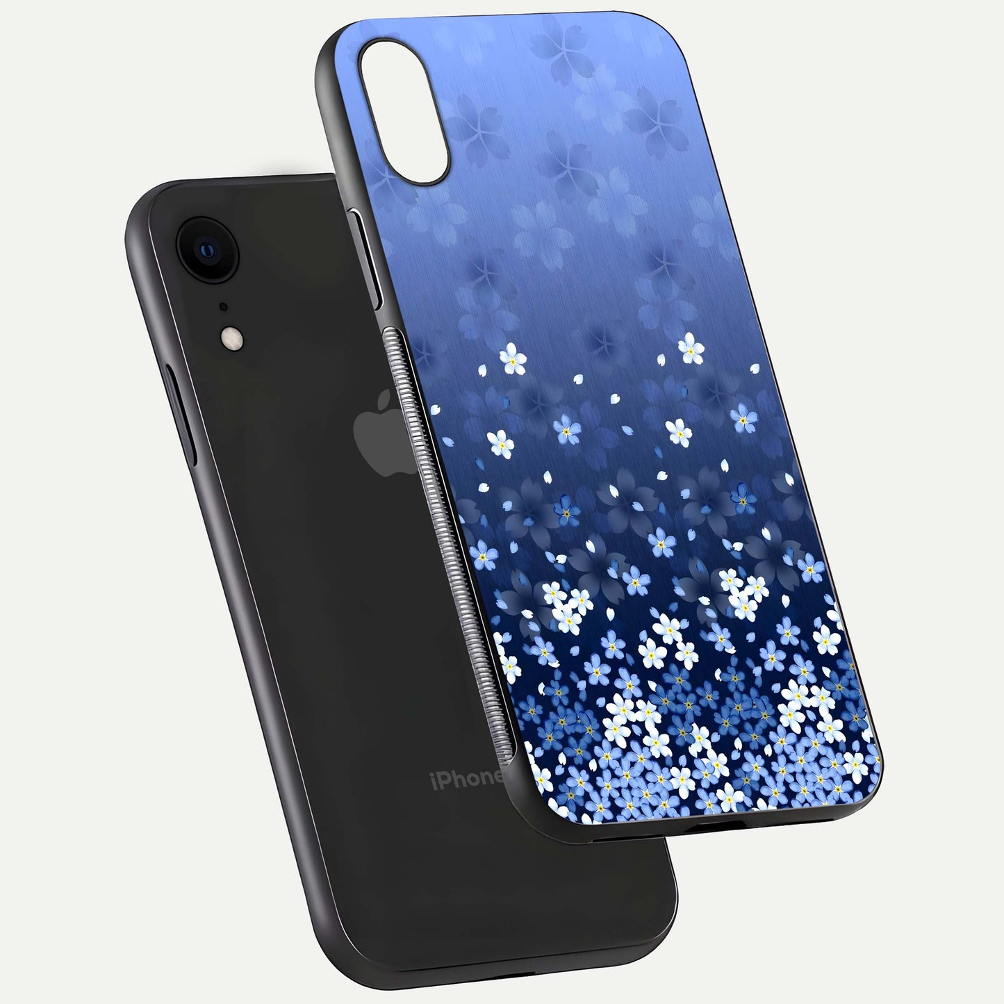 Blue Starry Glass Case for iPhone Xr floating mockup capturing cosmic tone and HD gloss texture