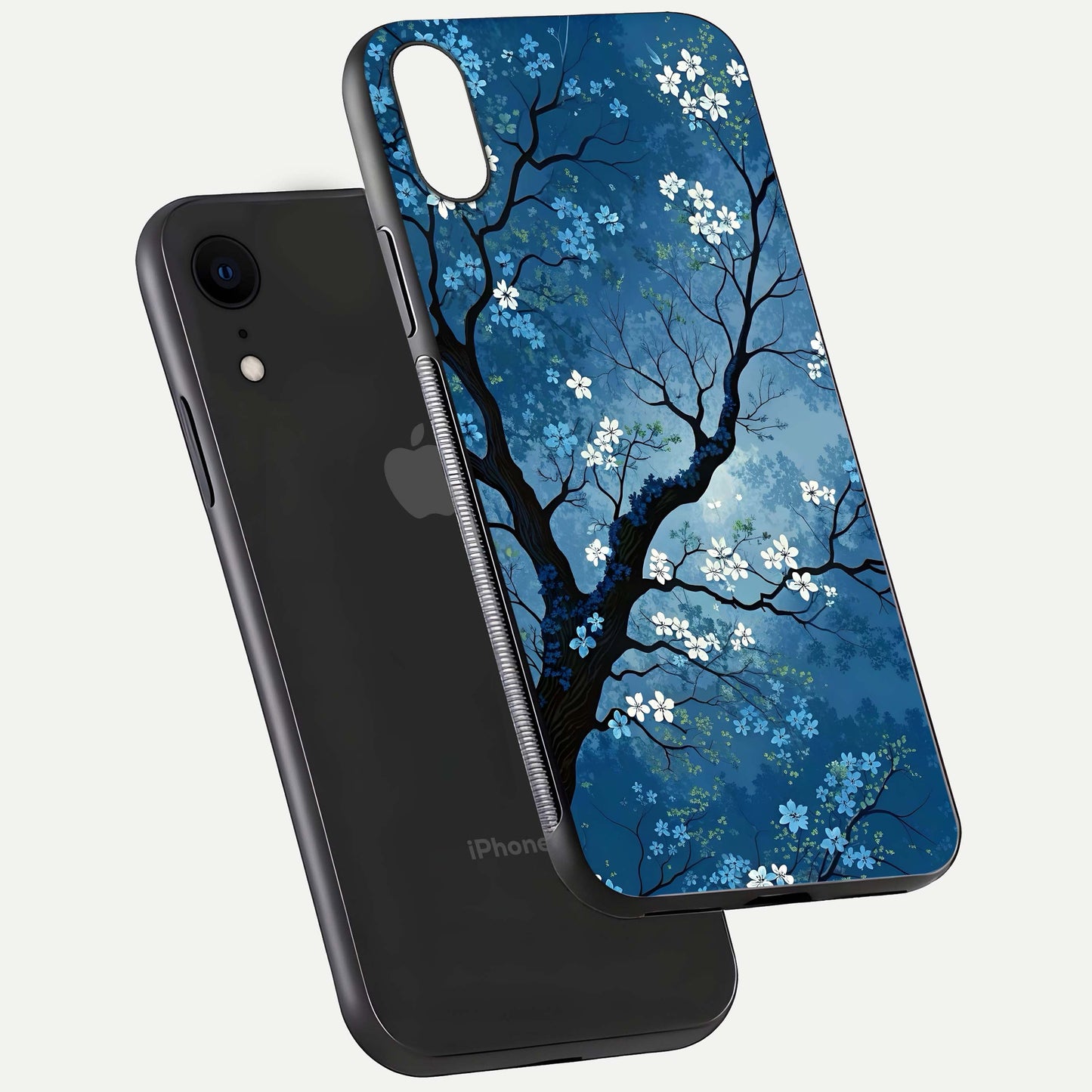 Blue Tree Serenity Glass Case for iPhone Xr floating mockup displaying serene tones and HD glass polish