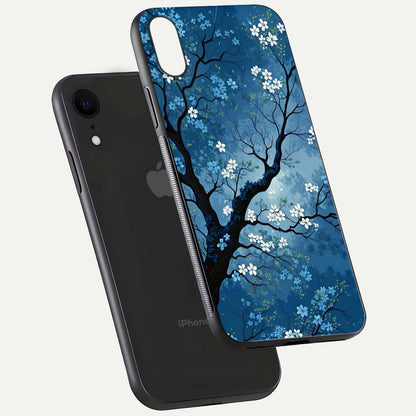 Blue Tree Serenity Glass Case for iPhone Xr floating mockup displaying serene tones and HD glass polish