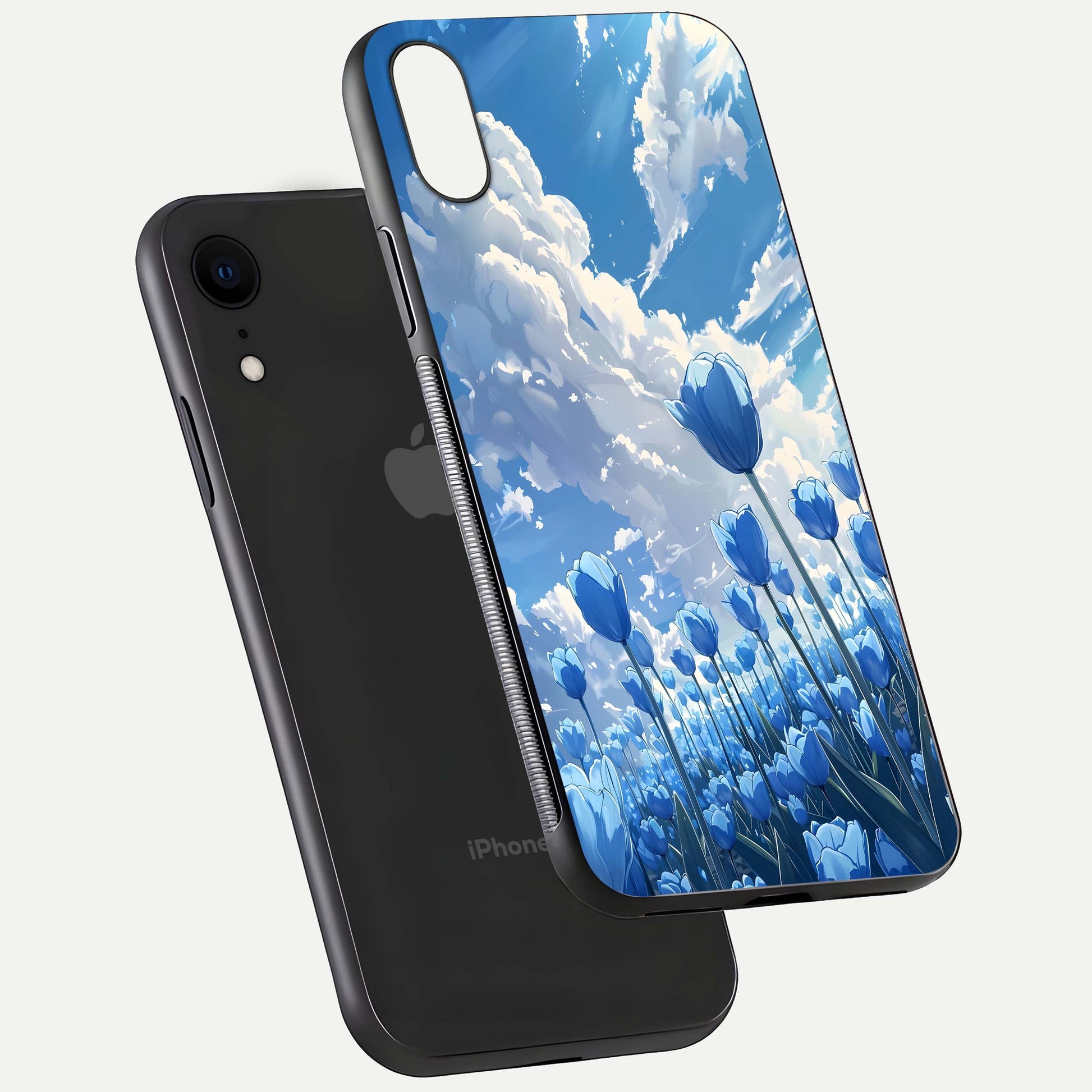Blue Tulip Clouds Glass Case for iPhone Xr floating mockup displaying tulip-cloud fusion art and smooth glass gloss