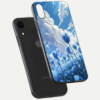 Blue Tulip Clouds Glass Case for iPhone Xr floating mockup displaying tulip-cloud fusion art and smooth glass gloss