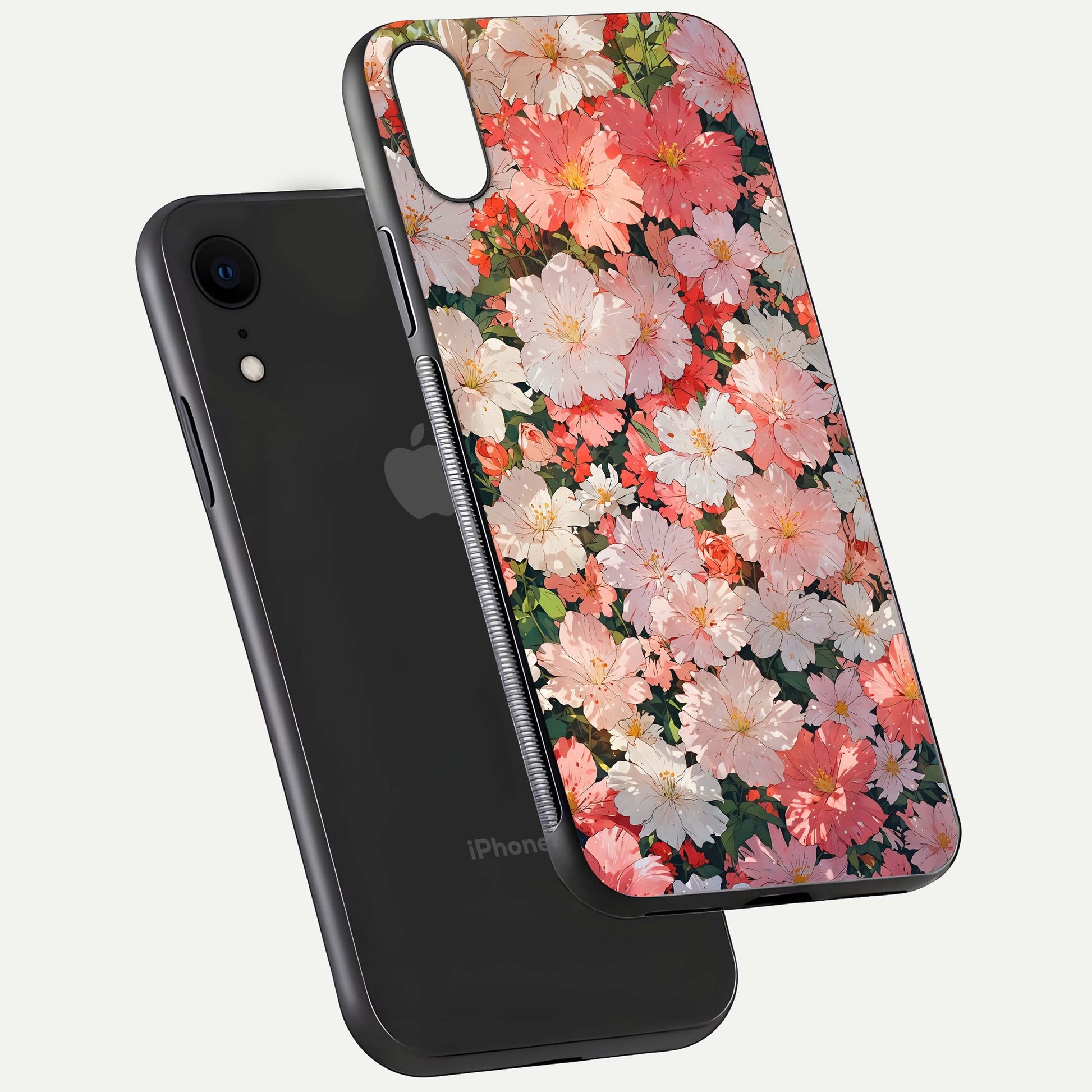 Blush Bloom Field Glass Case for iPhone Xr floating mockup highlighting floral spread and edge reflection