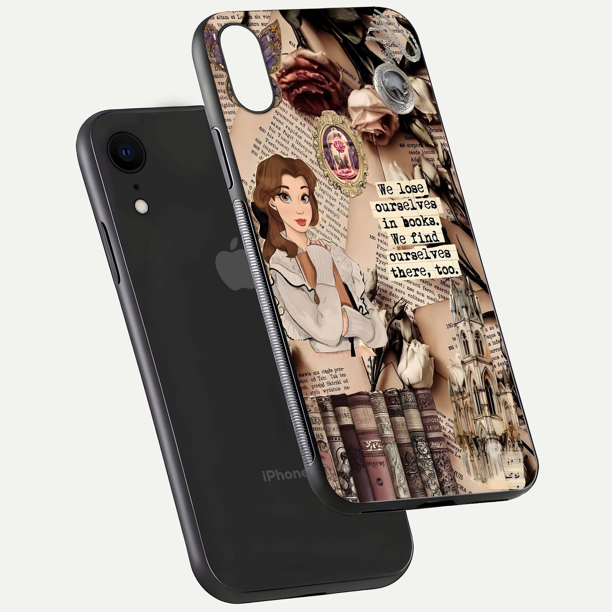 Bookish Dream World Glass Case for iPhone Xr floating mockup capturing gloss shine and artistic balance