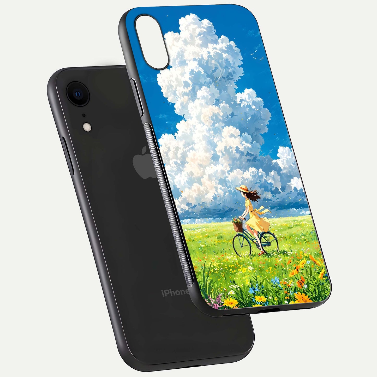 Breezy Meadow Ride Glass Case for iPhone Xr floating mockup capturing serene tones and smooth finish