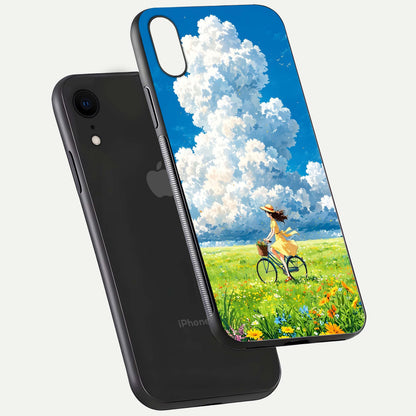 Breezy Meadow Ride Glass Case for iPhone Xr floating mockup capturing serene tones and smooth finish