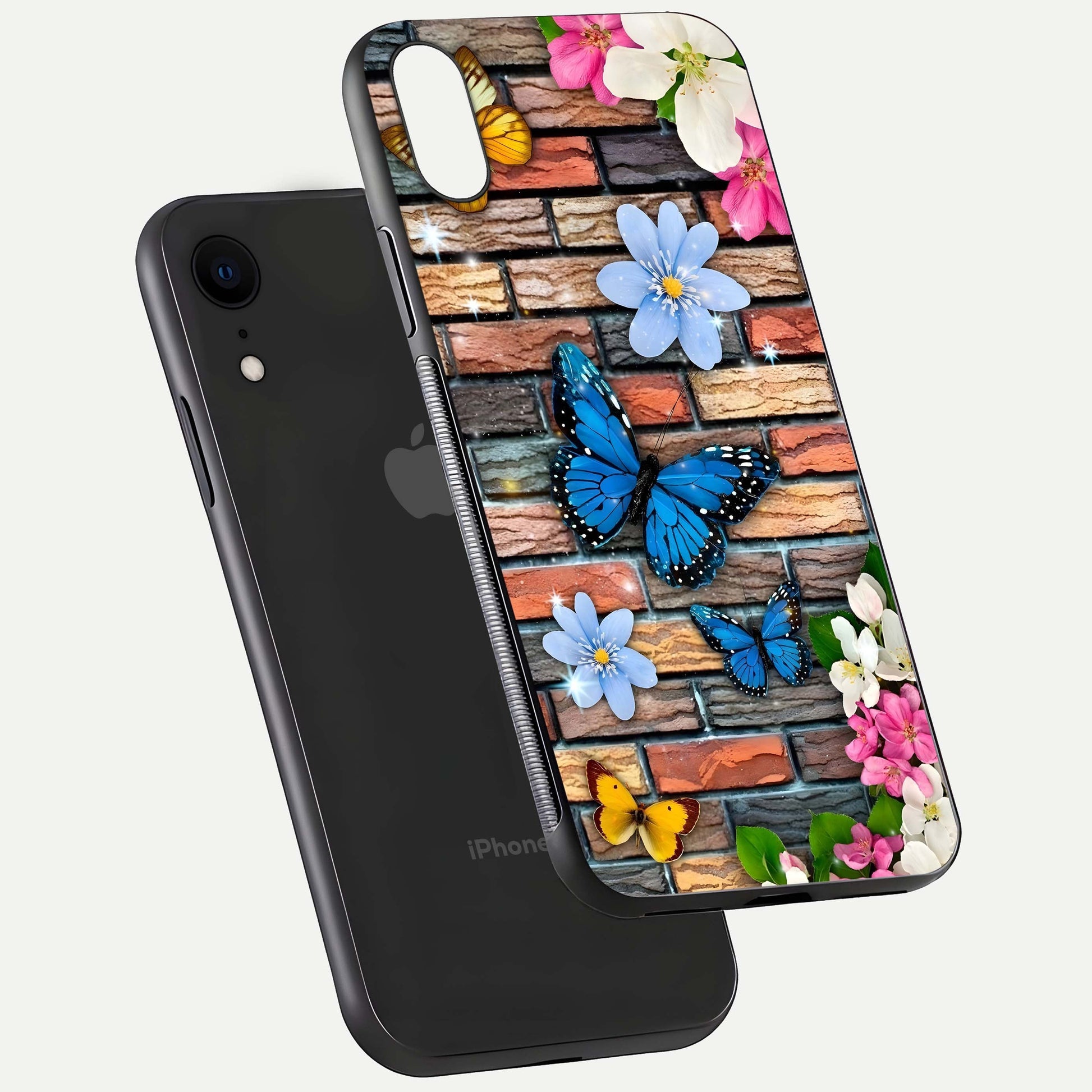 Brick Bloom Flight Glass Case for iPhone Xr floating mockup displaying gloss reflection and pattern vibrancy