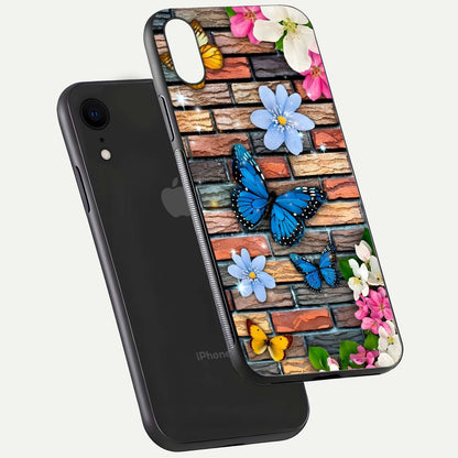 Brick Bloom Flight Glass Case for iPhone Xr floating mockup displaying gloss reflection and pattern vibrancy