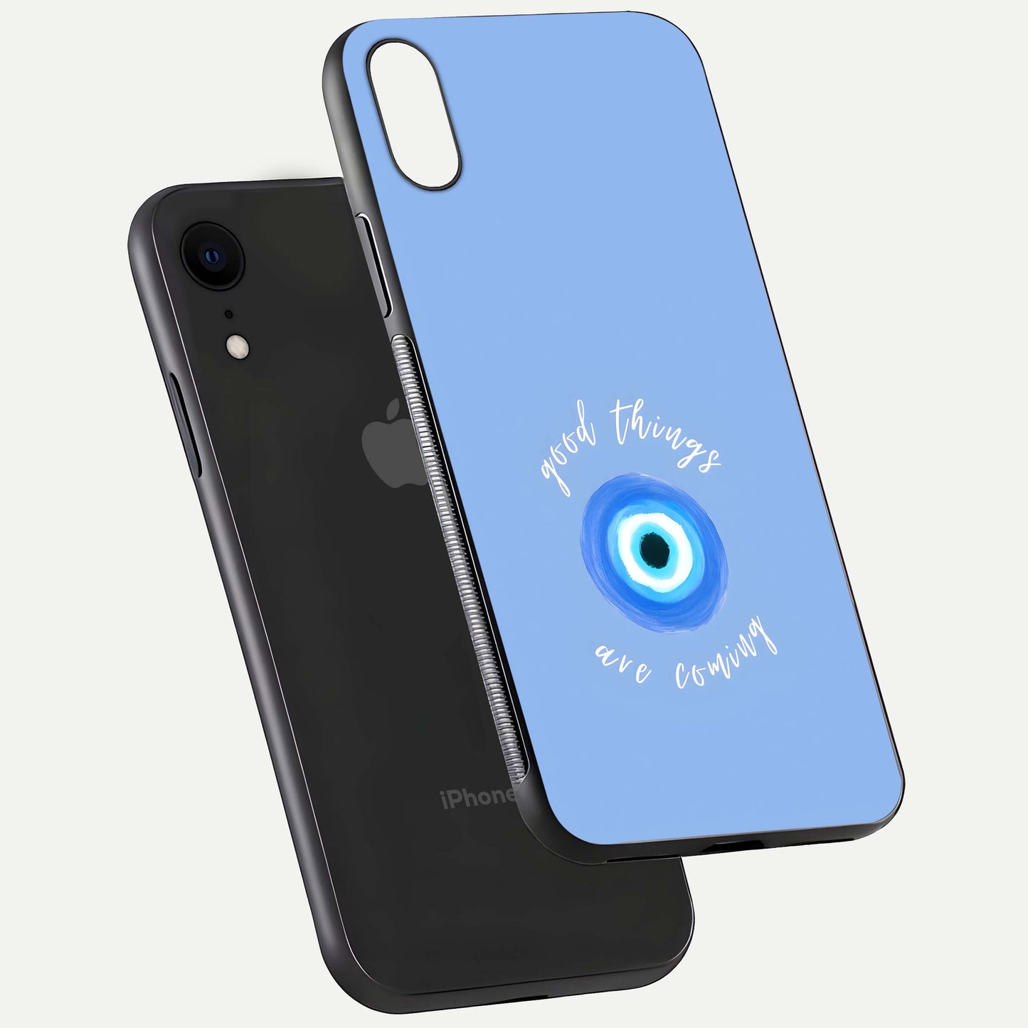Bright Future Ahead Glass Case for iPhone Xr floating mockup showing sleek design and positive quote print