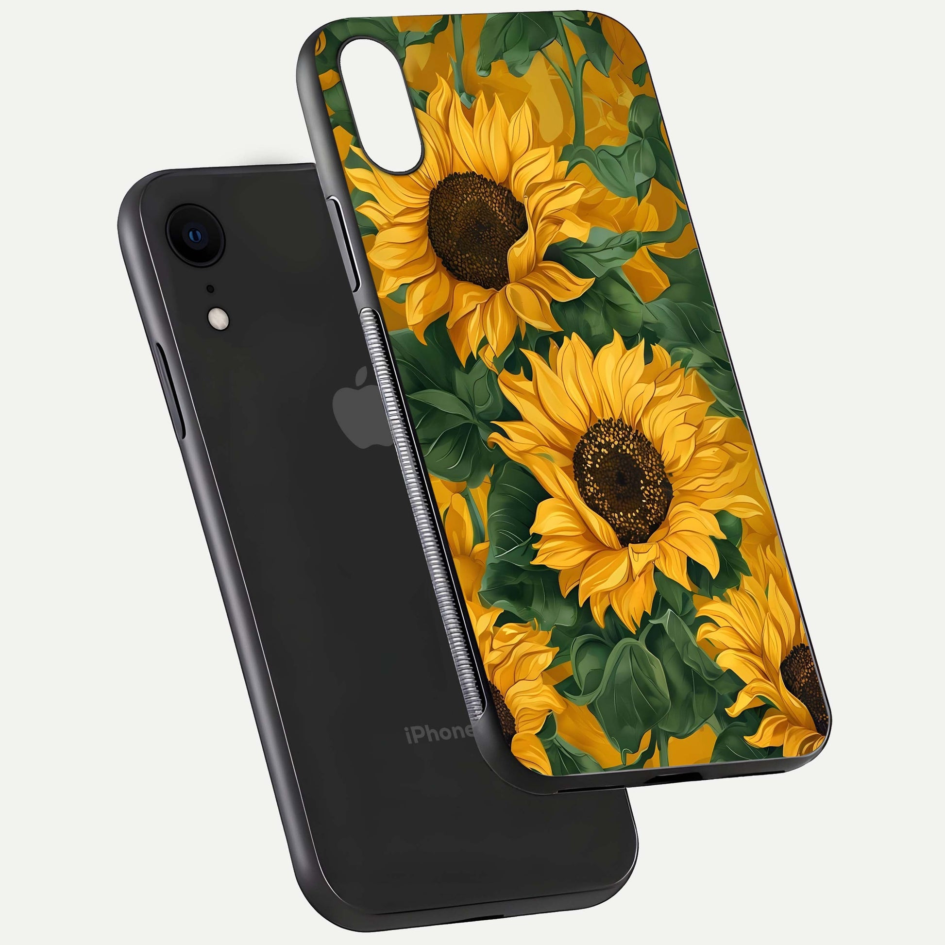 Bright Sunflower Bloom Glass Case for iPhone Xr floating mockup capturing vibrant tones and gloss surface