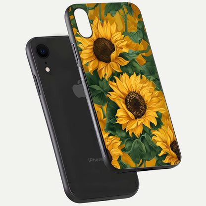Bright Sunflower Bloom Glass Case for iPhone Xr floating mockup capturing vibrant tones and gloss surface