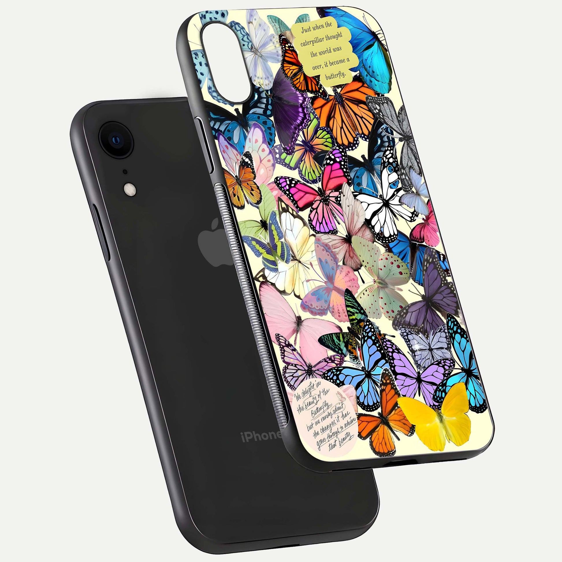Butterflies Petal Dream Glass Case for iPhone Xr floating mockup displaying detailed print and premium glass glow