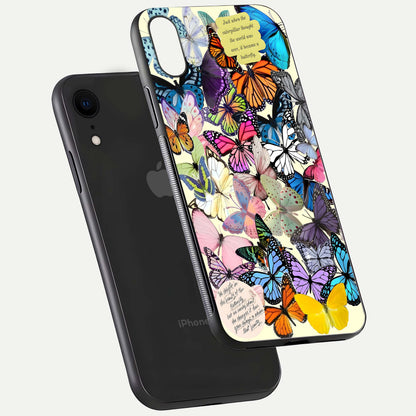Butterflies Petal Dream Glass Case for iPhone Xr floating mockup displaying detailed print and premium glass glow