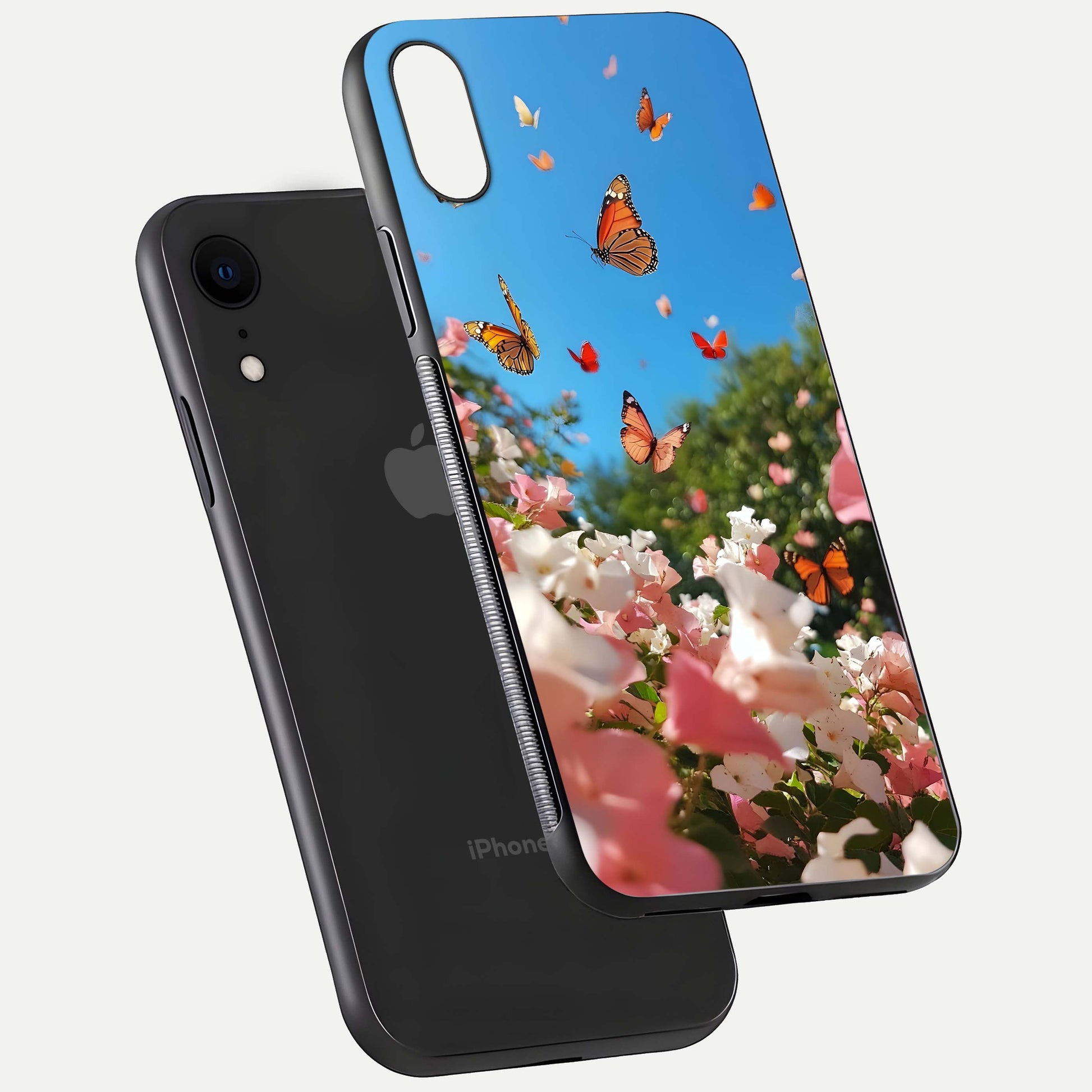 Butterflies in Bloom Sky Glass Case for iPhone Xr floating mockup capturing butterfly motion and edge design