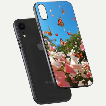 Butterflies in Bloom Sky Glass Case for iPhone Xr floating mockup capturing butterfly motion and edge design