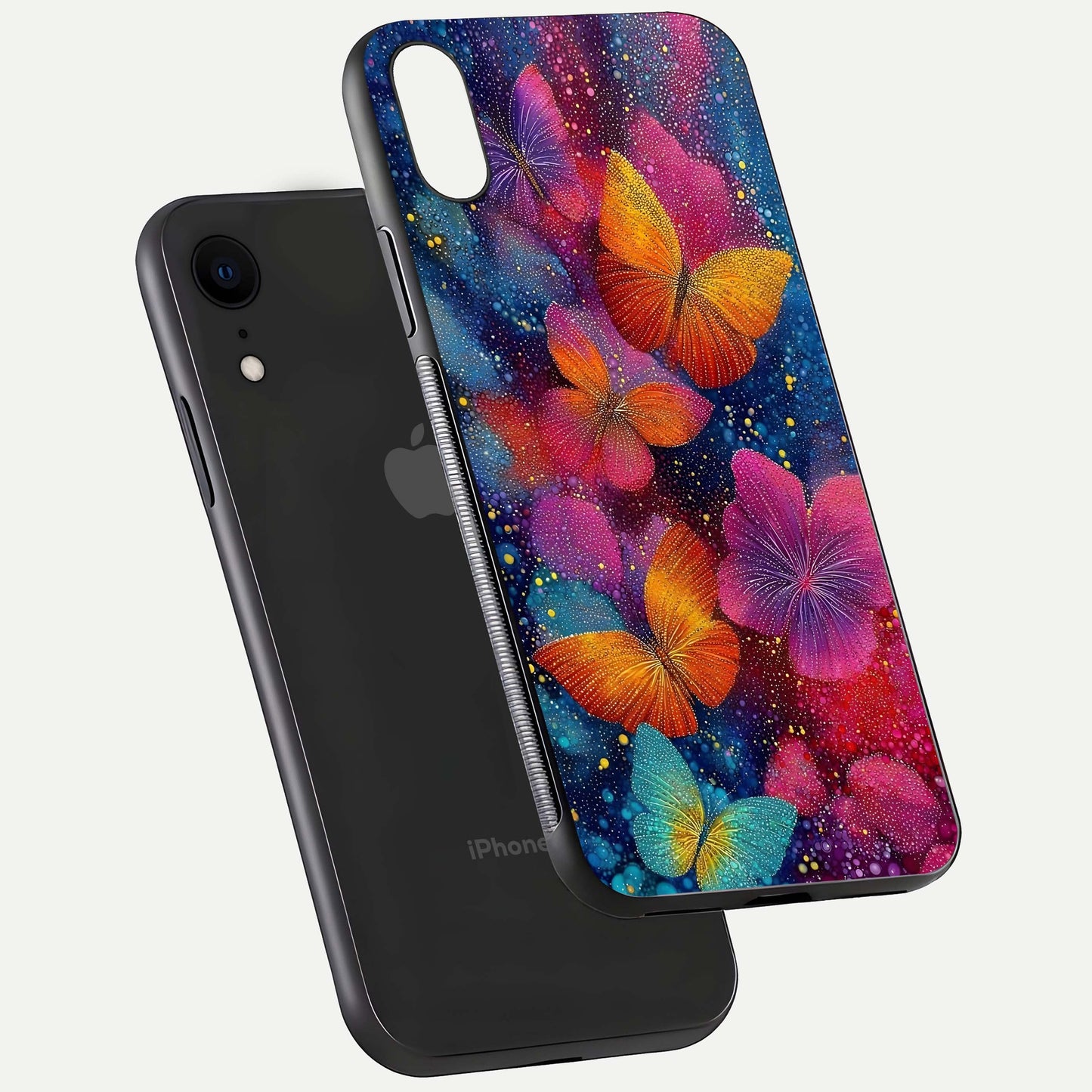 Butterfly Dream Mist Glass Case for iPhone Xr floating mockup displaying glass shine and ethereal art depth