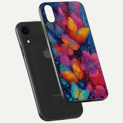 Butterfly Dream Mist Glass Case for iPhone Xr floating mockup displaying glass shine and ethereal art depth