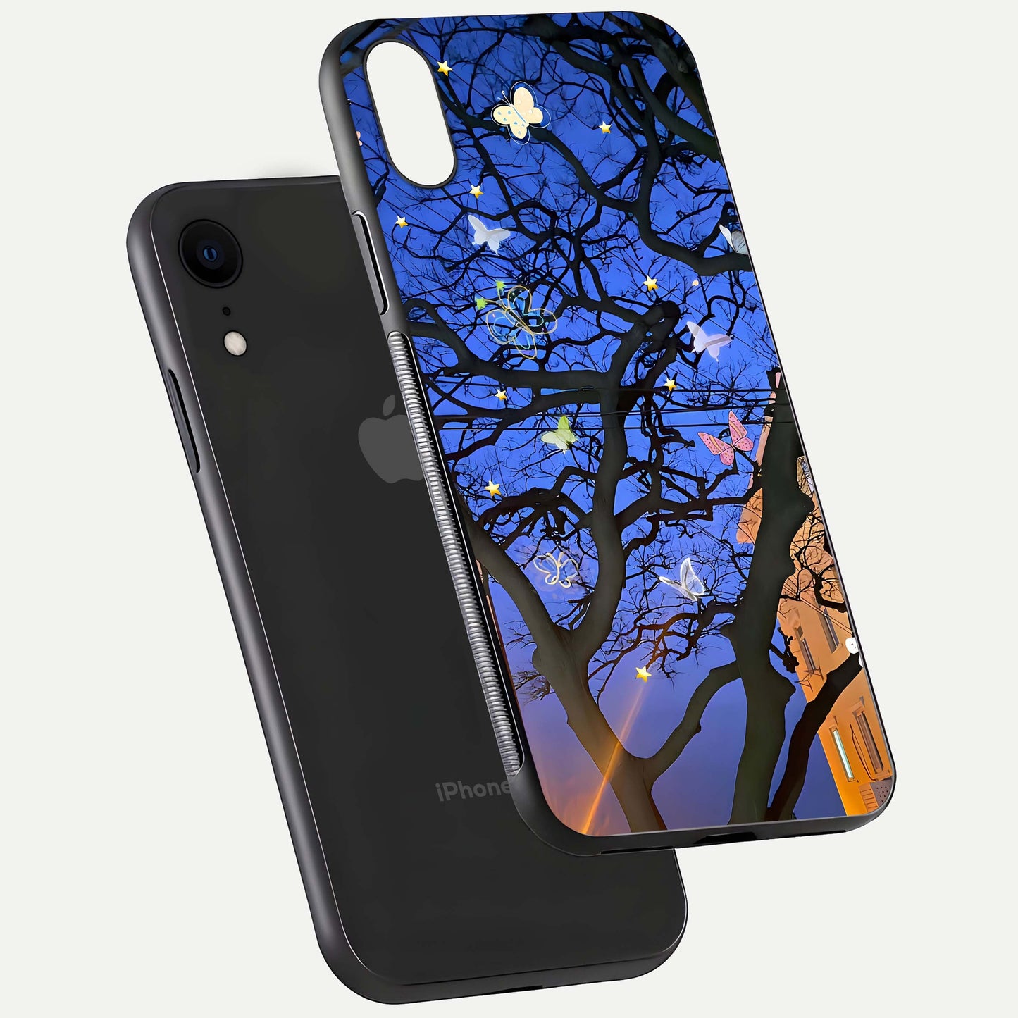 Butterfly Night Magic Glass Case for iPhone Xr floating mockup showing night glow and smooth polish