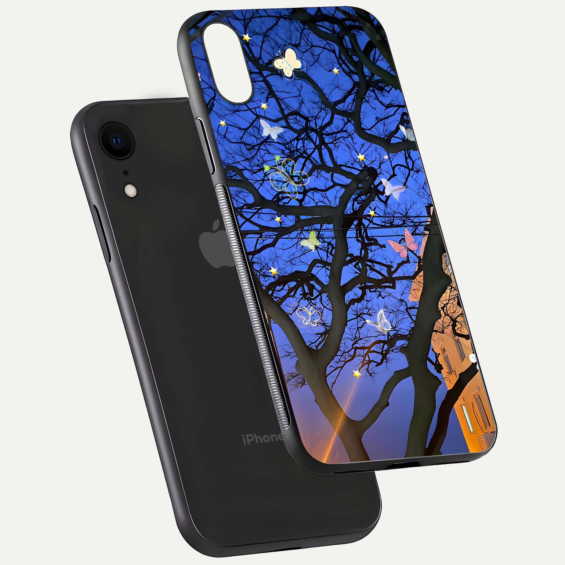 Butterfly Night Magic Glass Case for iPhone Xr floating mockup showing night glow and smooth polish