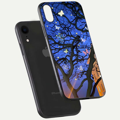 Butterfly Night Magic Glass Case for iPhone Xr floating mockup showing night glow and smooth polish
