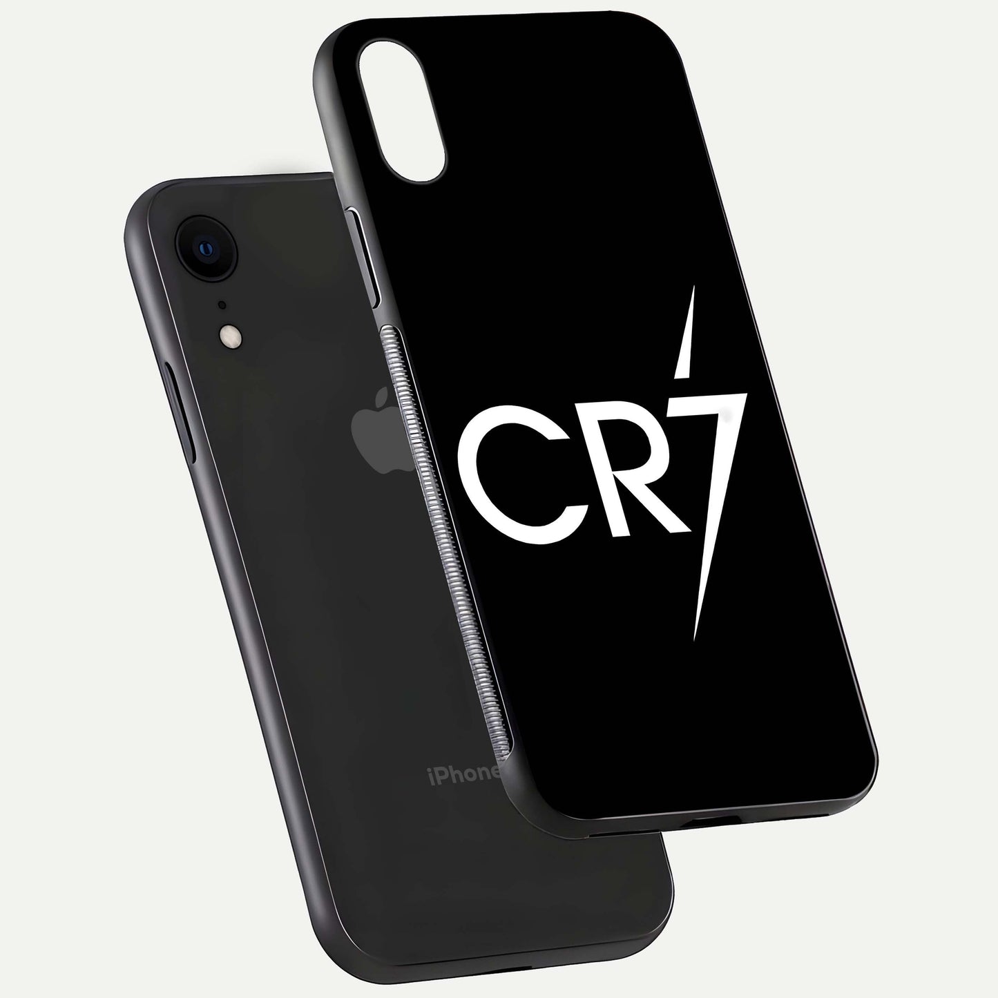 CR7 Elite Strike Glass Case for iPhone Xr floating mockup displaying HD gloss and sporty texture