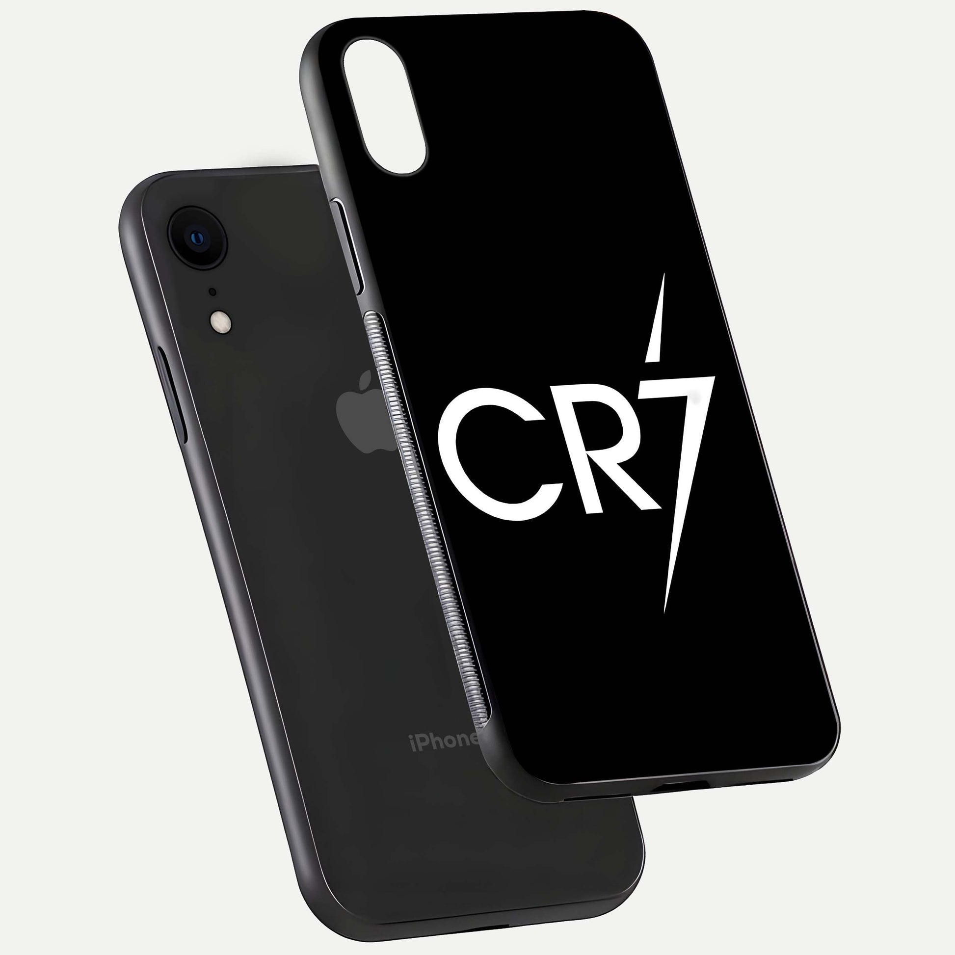 CR7 Elite Strike Glass Case for iPhone Xr floating mockup displaying HD gloss and sporty texture