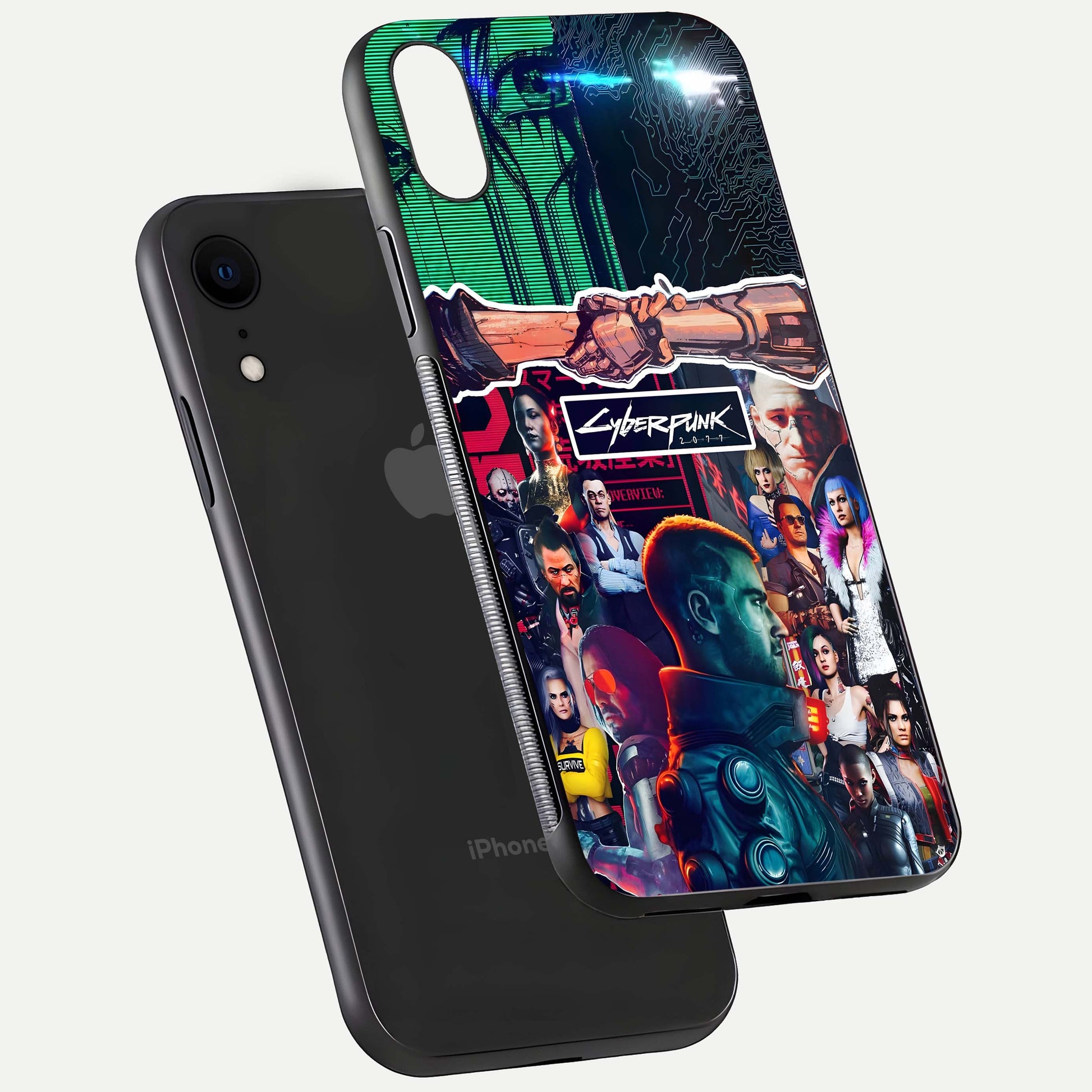 CYBERPUNK Legacy Glass Case for iPhone Xr floating mockup showing HD gloss and neon glow detail