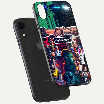 CYBERPUNK Legacy Glass Case for iPhone Xr floating mockup showing HD gloss and neon glow detail