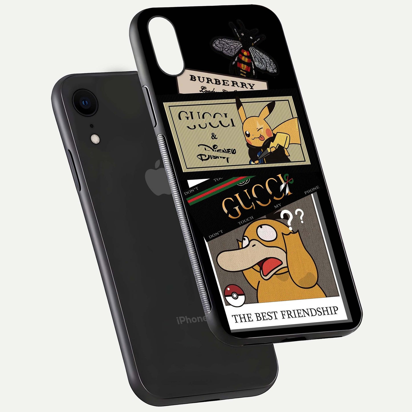 Cartoon Brand Play Mashup Glass Case for iPhone Xr floating dual-view mockup showing gloss surface and vivid reflection