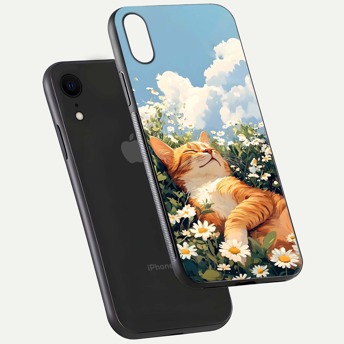 Cat & Flowers View Glass Case for iPhone Xr floating mockup showing design reflection and protective edges