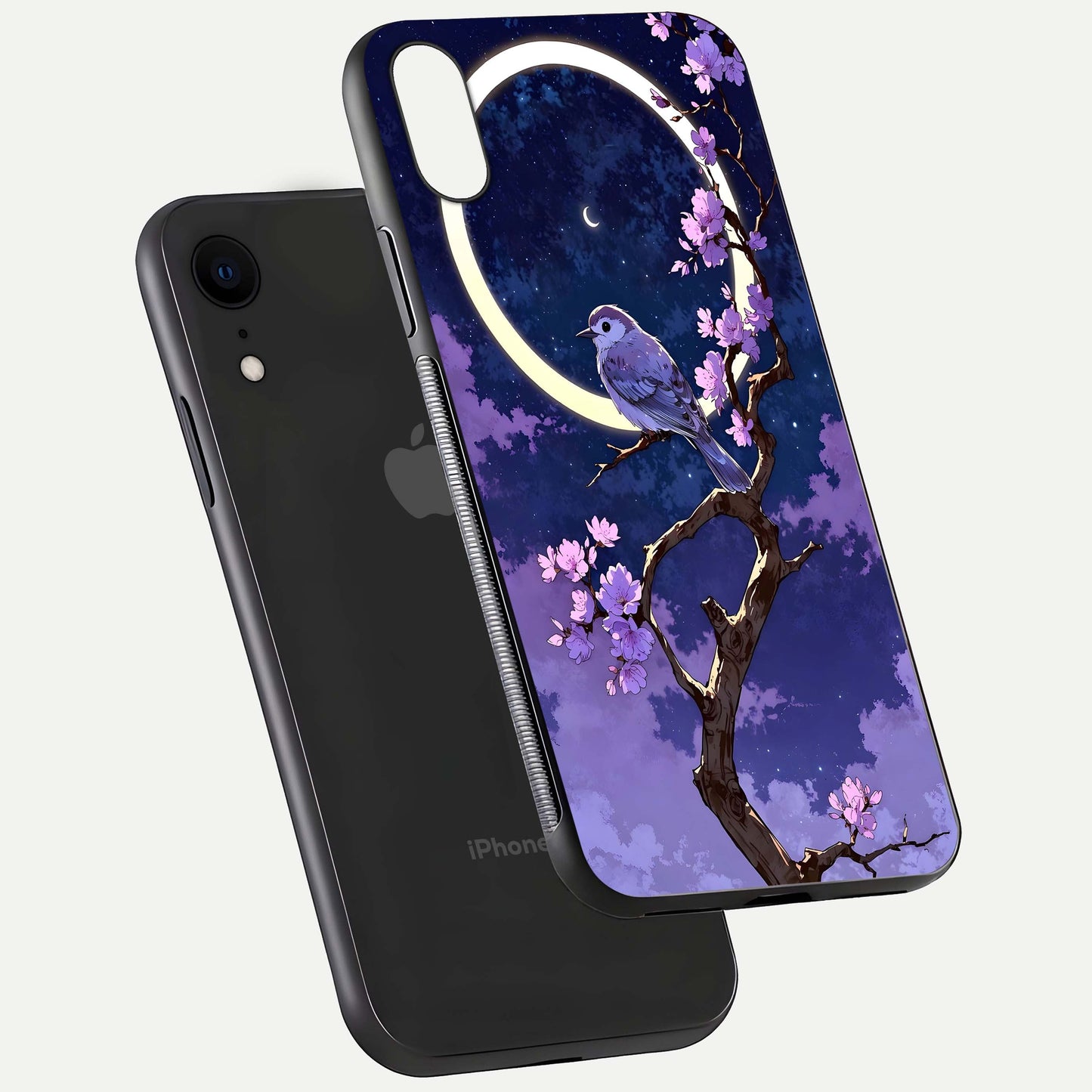 Celestial Bird Blossom Glass Case for iPhone Xr floating mockup showing cosmic floral tones and HD gloss