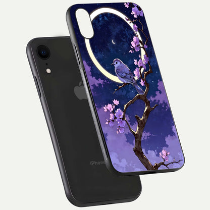 Celestial Bird Blossom Glass Case for iPhone Xr floating mockup showing cosmic floral tones and HD gloss