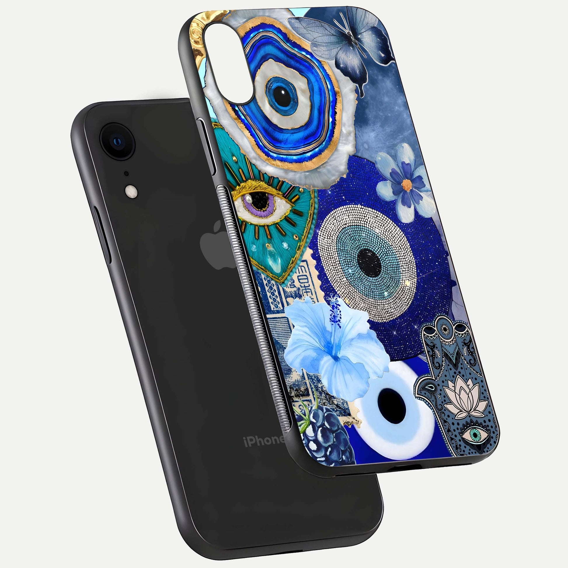 Celestial Blue Vision Glass Case for iPhone Xr floating mockup showing gloss depth and night-sky pattern