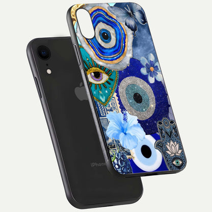 Celestial Blue Vision Glass Case for iPhone Xr floating mockup showing gloss depth and night-sky pattern