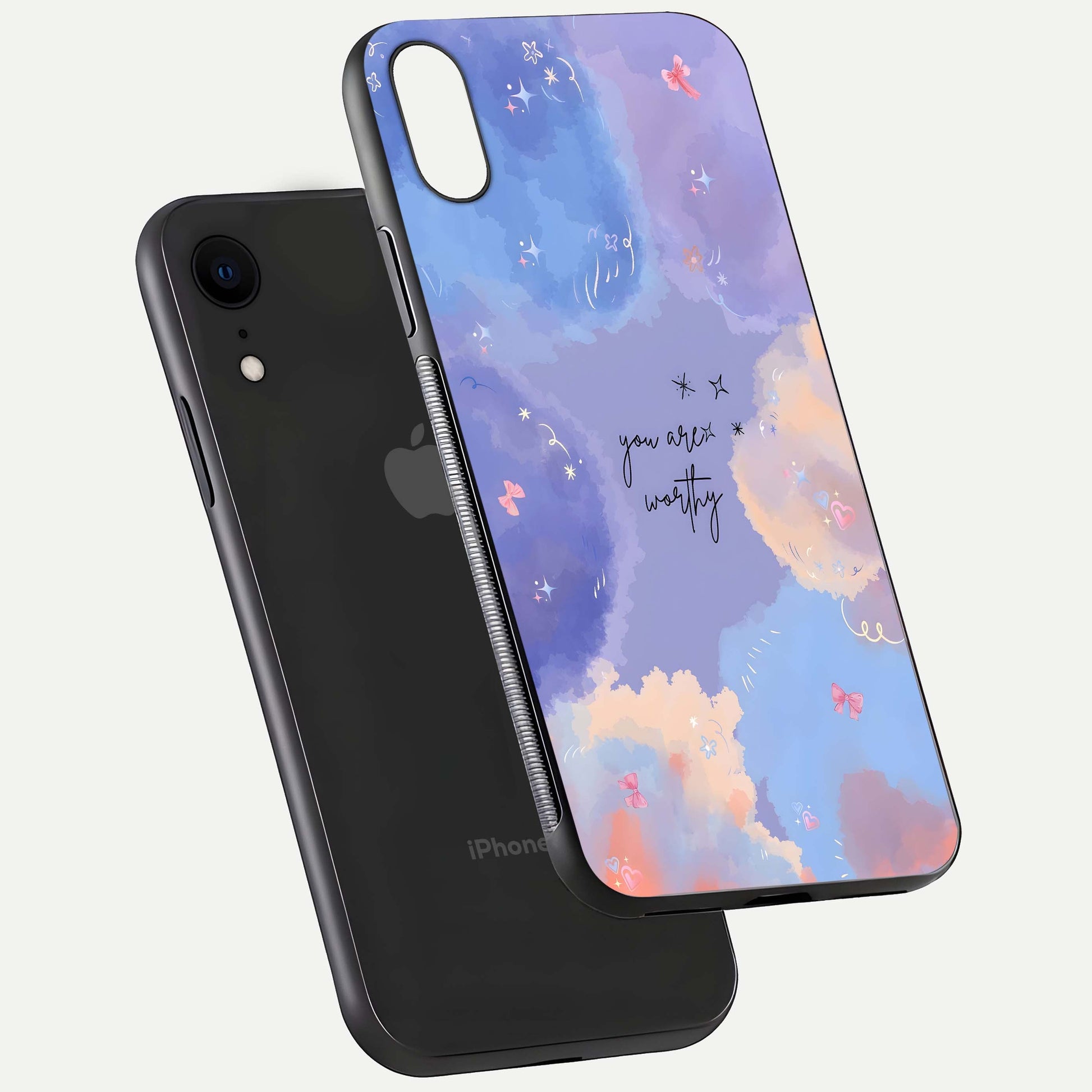 Celestial Cloud Magic Glass Case for iPhone Xr floating mockup displaying cloud aura and HD finish