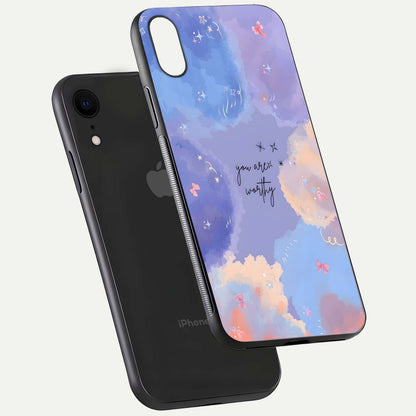 Celestial Cloud Magic Glass Case for iPhone Xr floating mockup displaying cloud aura and HD finish