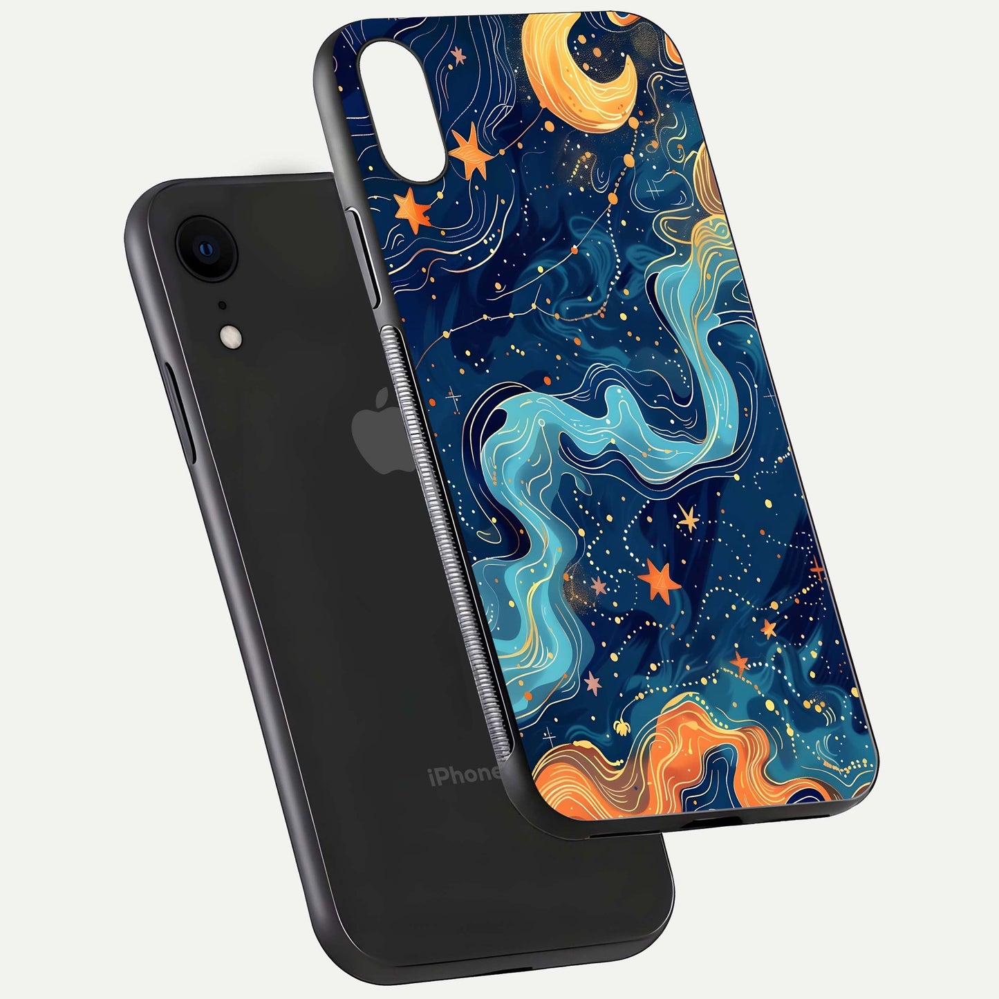 Celestial Dream Flow Glass Case for iPhone Xr floating mockup displaying gloss shimmer and artistic composition