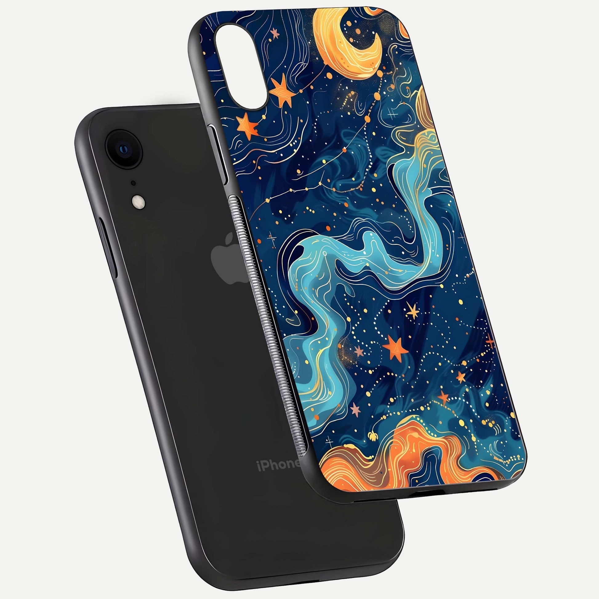 Celestial Dream Flow Glass Case for iPhone Xr floating mockup displaying gloss shimmer and artistic composition