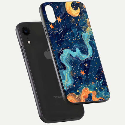 Celestial Dream Flow Glass Case for iPhone Xr floating mockup displaying gloss shimmer and artistic composition
