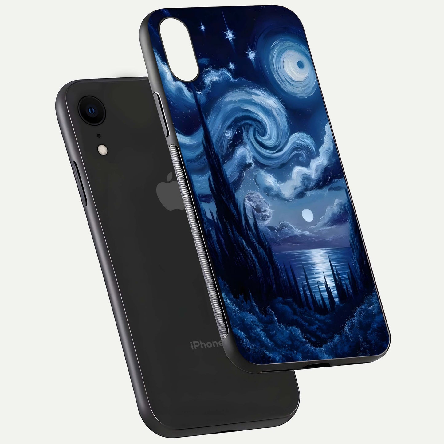 Celestial Dream Van Gogh Glass Case for iPhone Xr floating mockup highlighting cosmic tones and smooth gloss