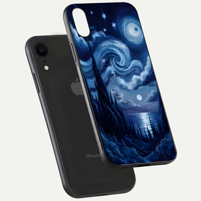 Celestial Dream Van Gogh Glass Case for iPhone Xr floating mockup highlighting cosmic tones and smooth gloss