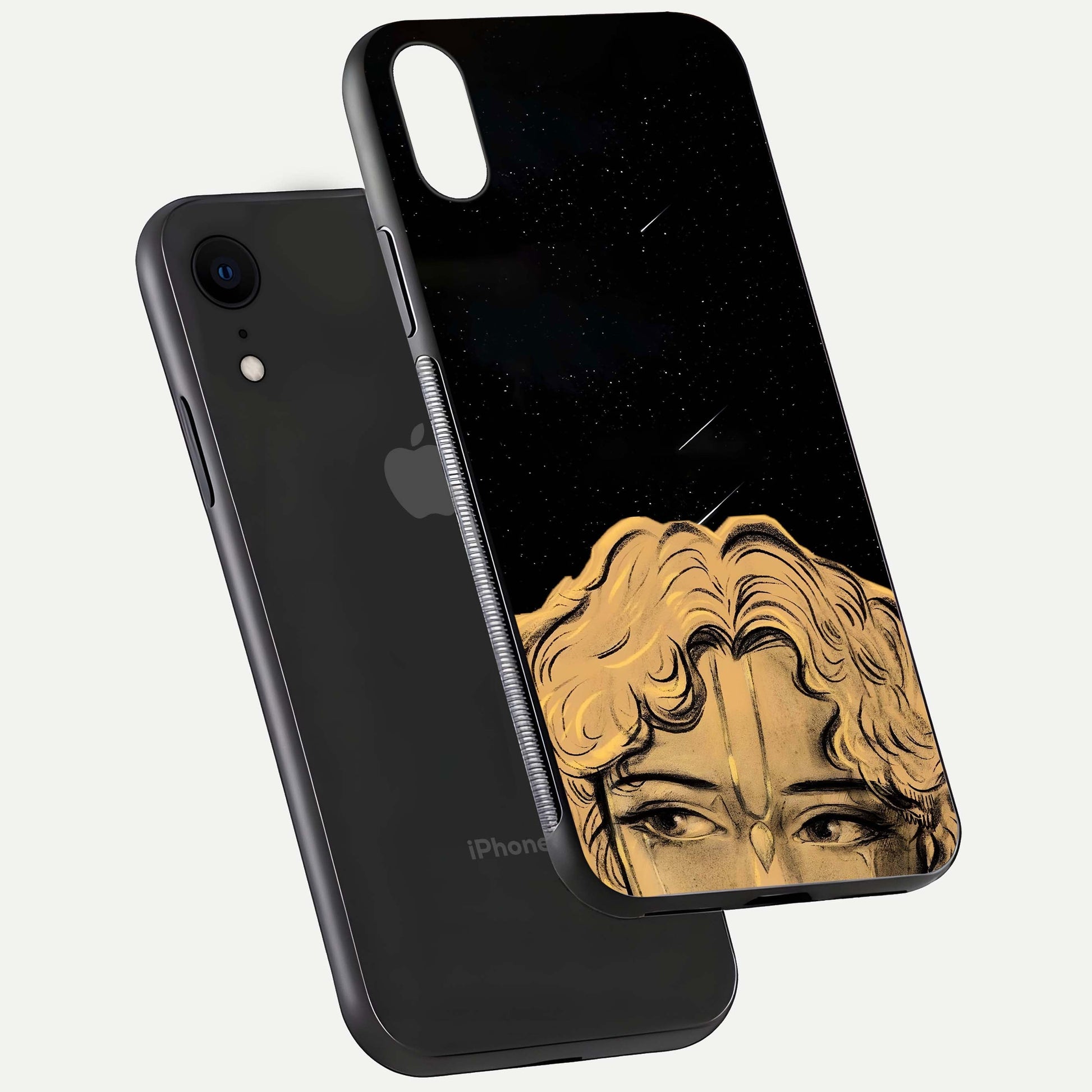 Celestial God’s Plan Glass Case for iPhone Xr floating dual-view mockup displaying gloss surface and vivid print