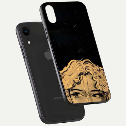 Celestial God’s Plan Glass Case for iPhone Xr floating dual-view mockup displaying gloss surface and vivid print