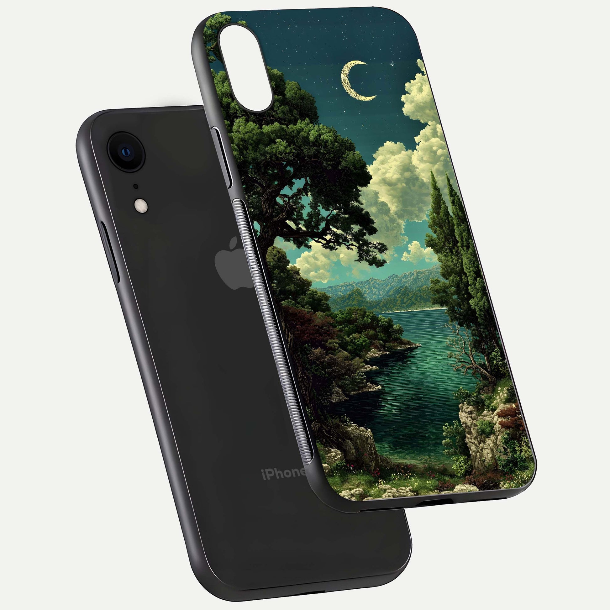 Celestial Lake Peace Glass Case for iPhone Xr floating mockup capturing calm tones and smooth polish