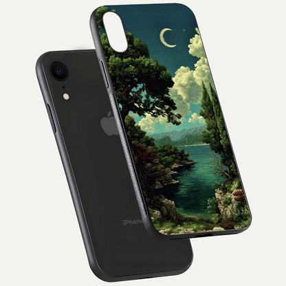 Celestial Lake Peace Glass Case for iPhone Xr floating mockup capturing calm tones and smooth polish