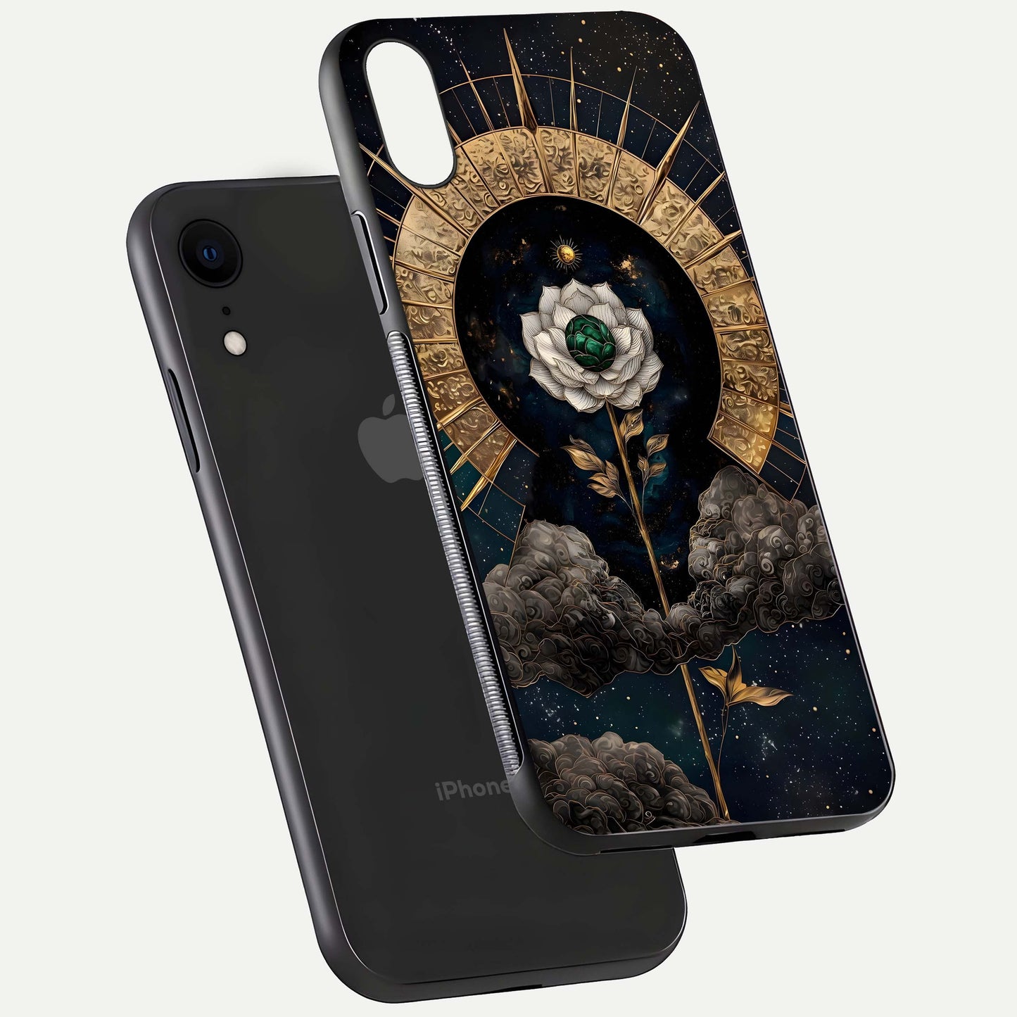 Celestial Lotus Morang Glass Case for iPhone Xr floating mockup showing gloss depth and cosmic lotus glow