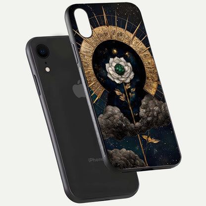 Celestial Lotus Morang Glass Case for iPhone Xr floating mockup showing gloss depth and cosmic lotus glow